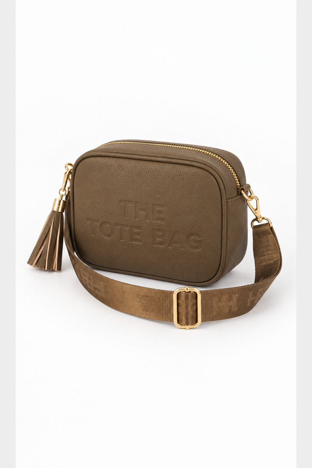 Embossed Slogan Tassel Camera Crossbody Bag