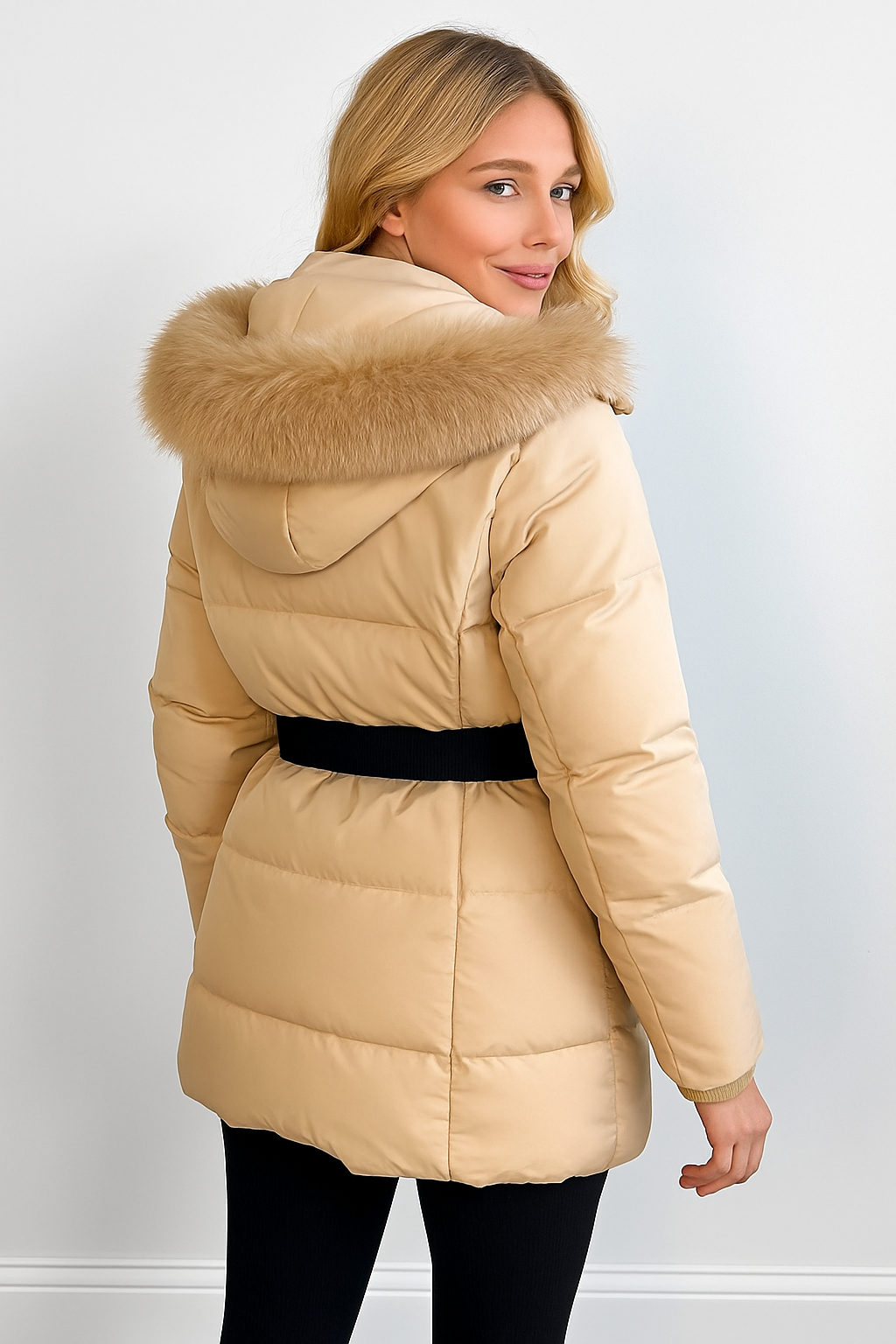 Faux Fur Hood Bag Belt Winter Jacket