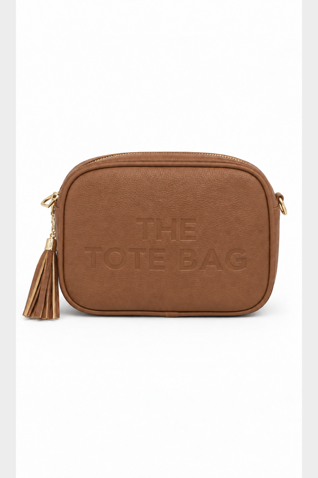 Embossed Slogan Tassel Camera Crossbody Bag