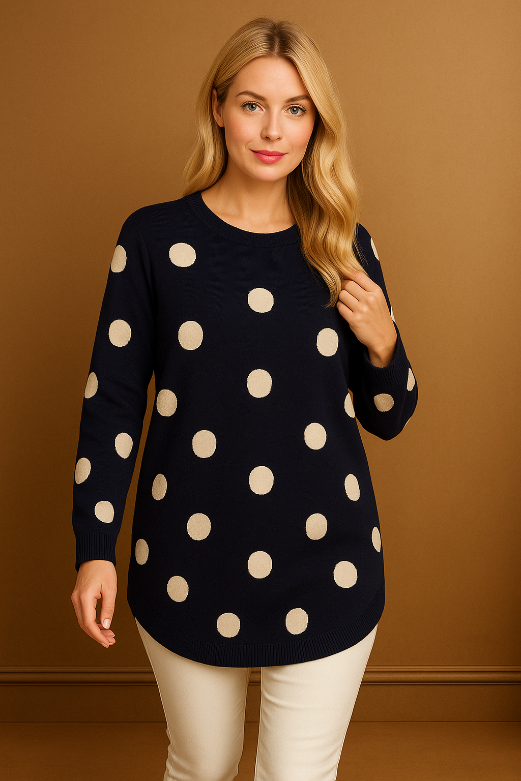 Navy White Polka Dot Curved Hem Pullover