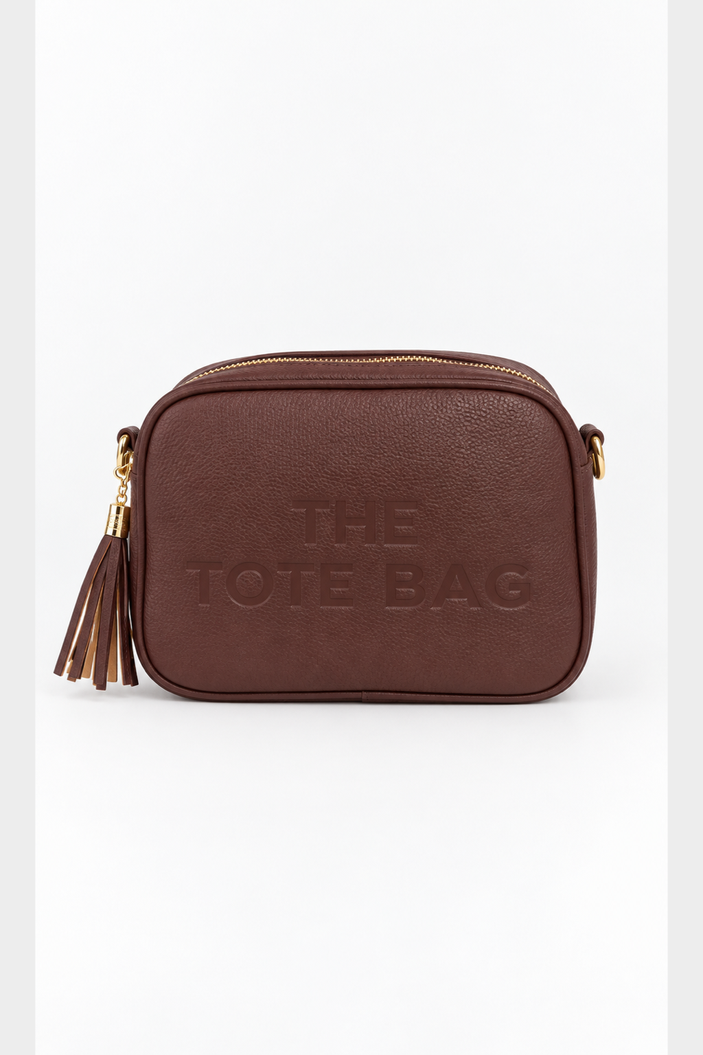 Embossed Slogan Tassel Camera Crossbody Bag