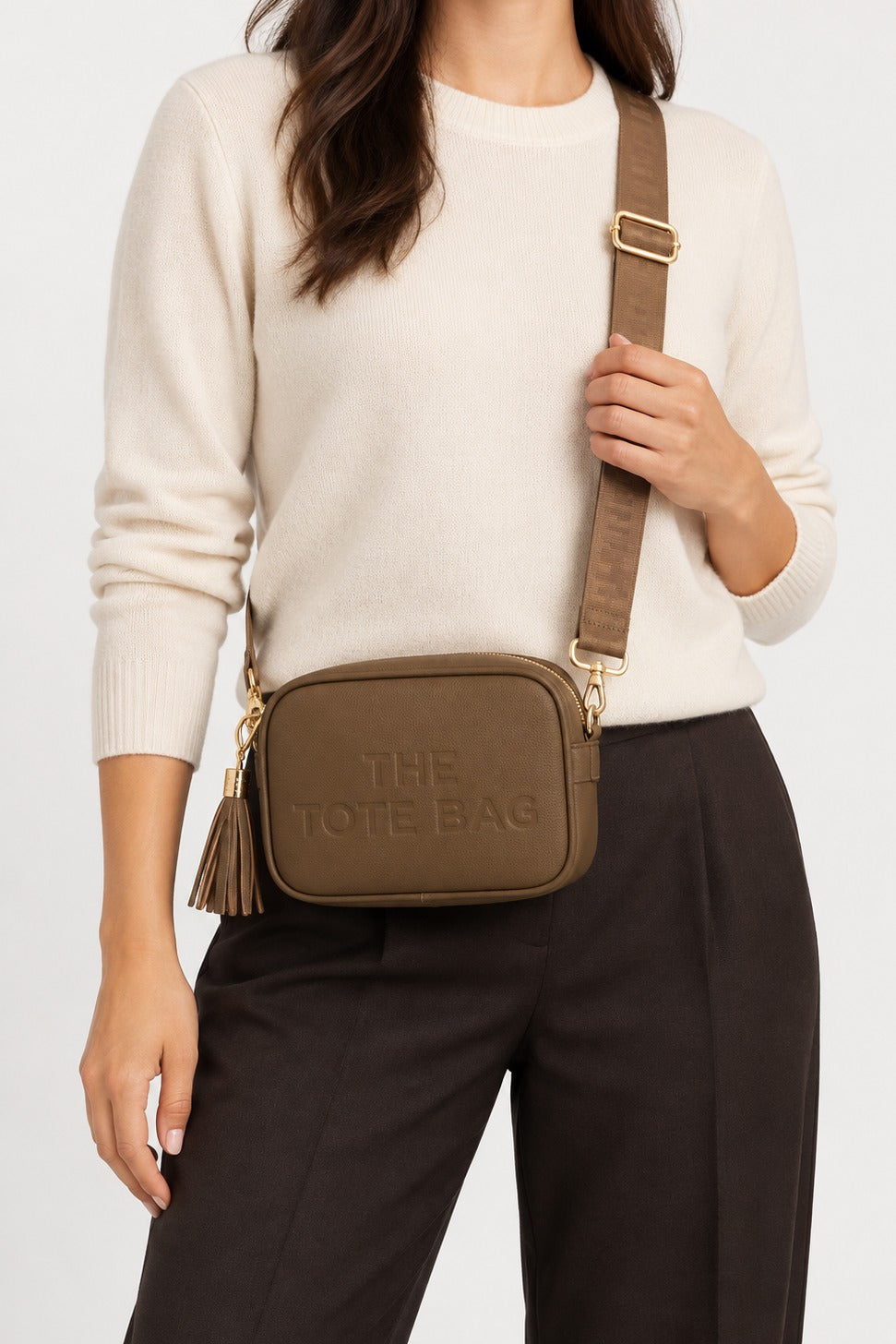 Embossed Slogan Tassel Camera Crossbody Bag