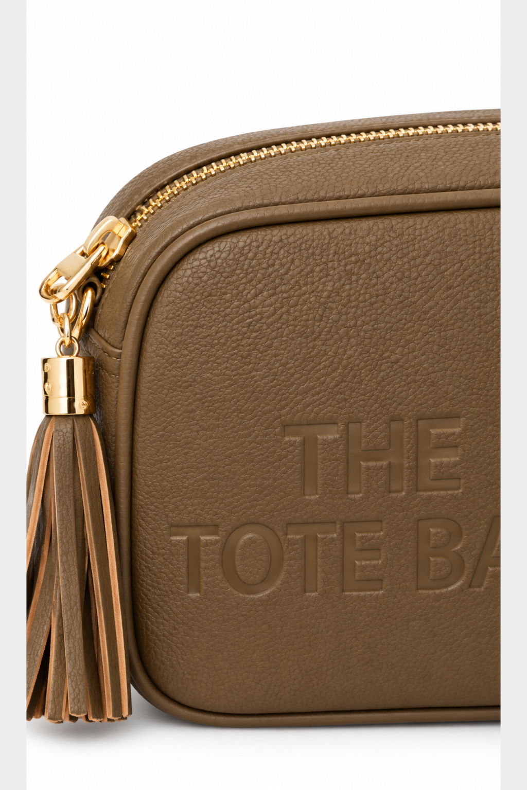 Embossed Slogan Tassel Camera Crossbody Bag