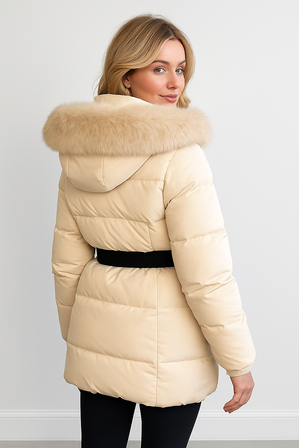 Faux Fur Hood Bag Belt Winter Jacket