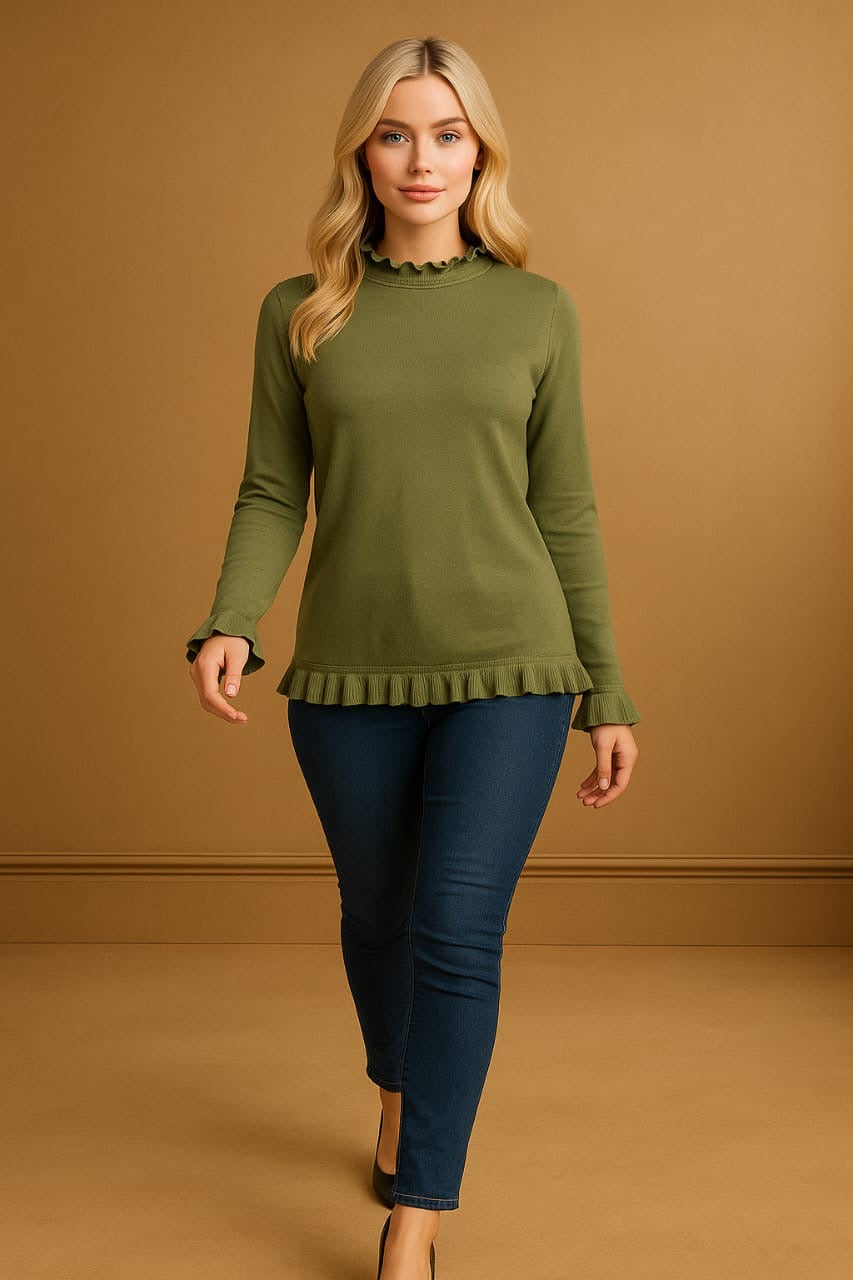 Frilled High Neck And Sleeves Thin Pullover