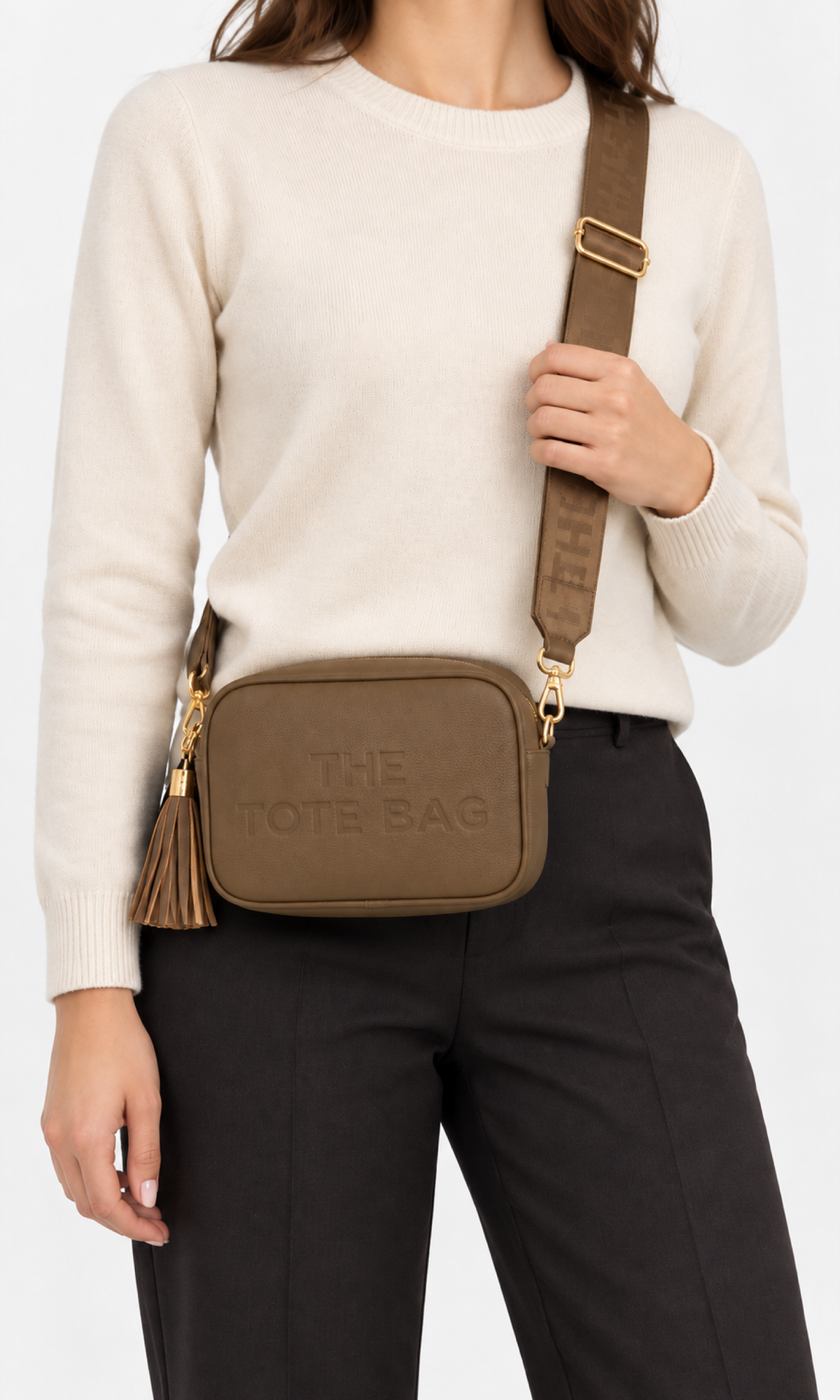 Embossed Slogan Tassel Camera Crossbody Bag