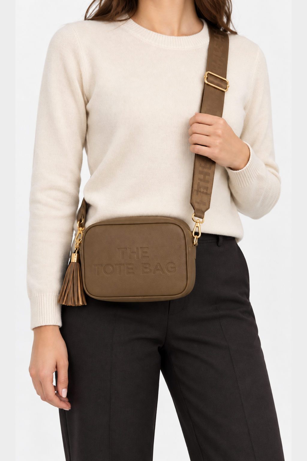 Embossed Slogan Tassel Camera Crossbody Bag