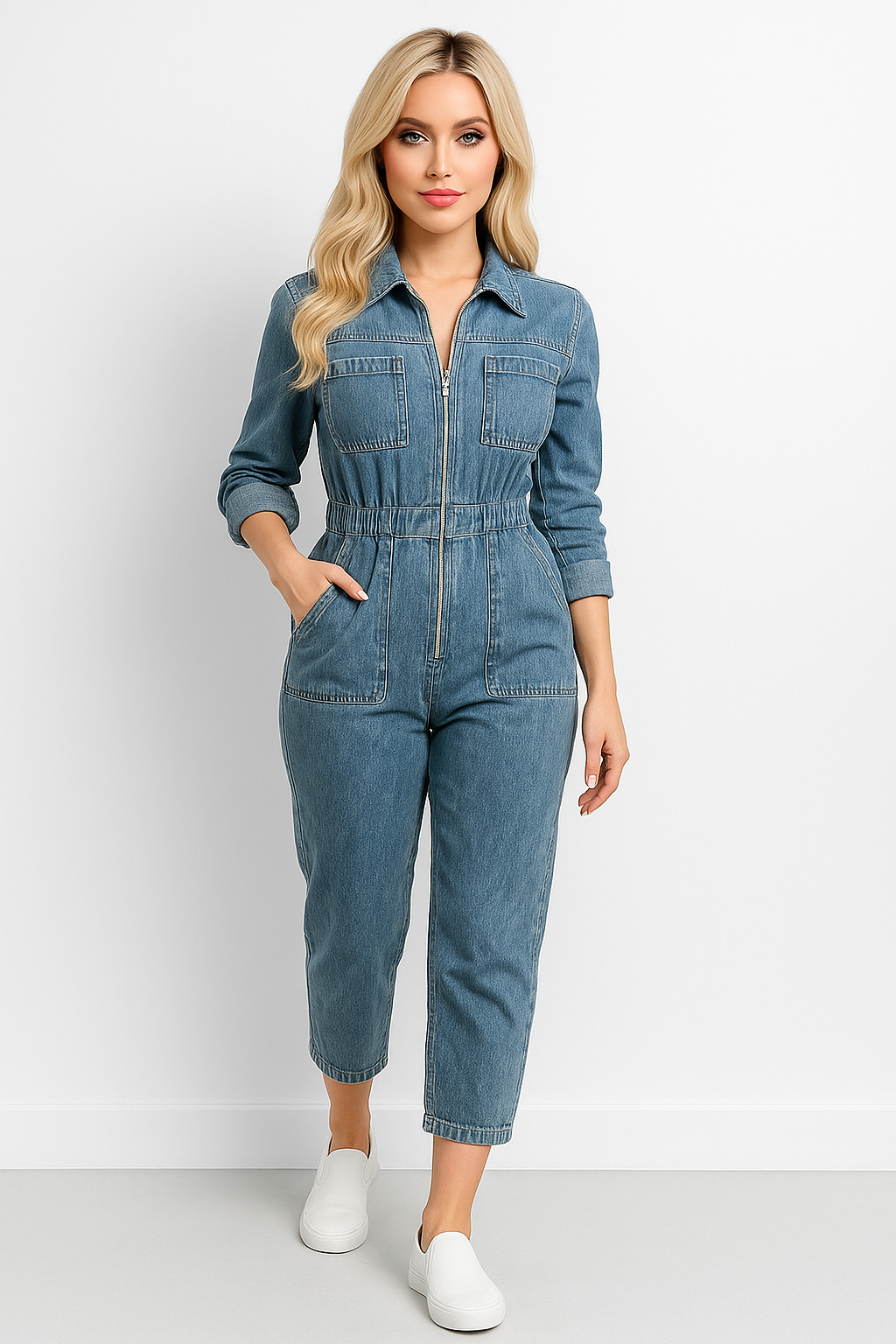 Cropped Leg Zipped Denim Jumpsuit