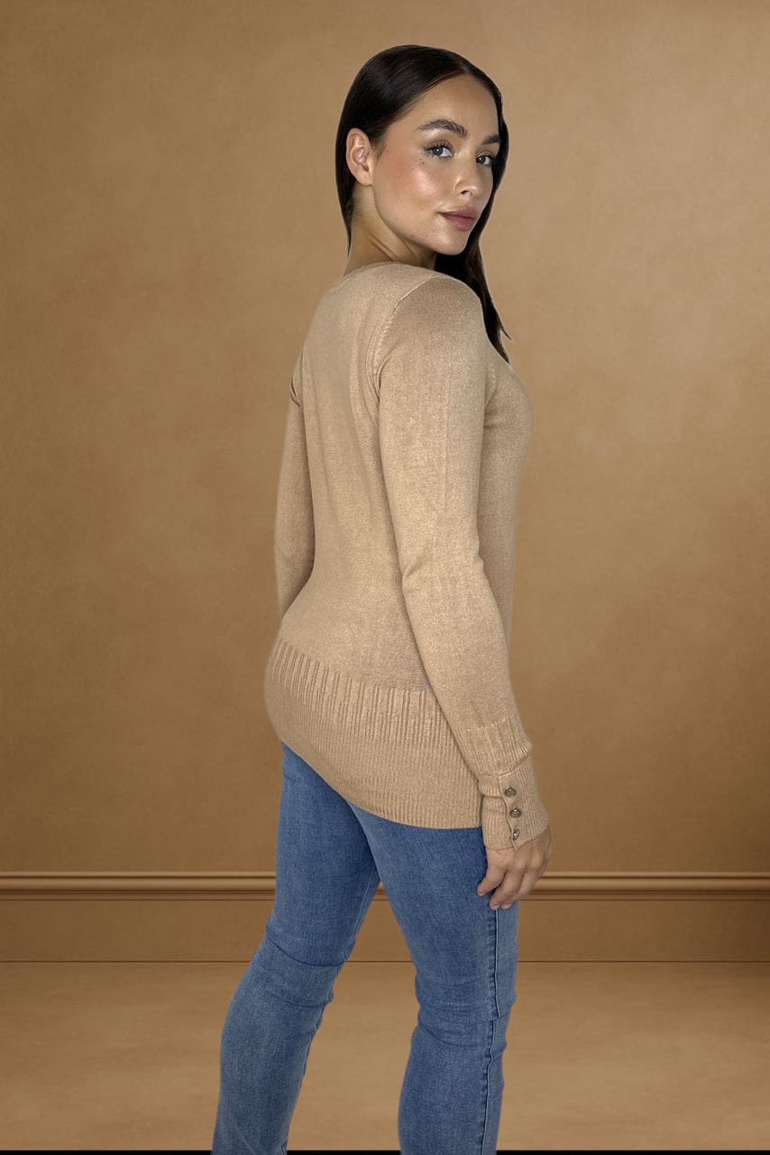 Button Details Cuff Thin Knit Pullover