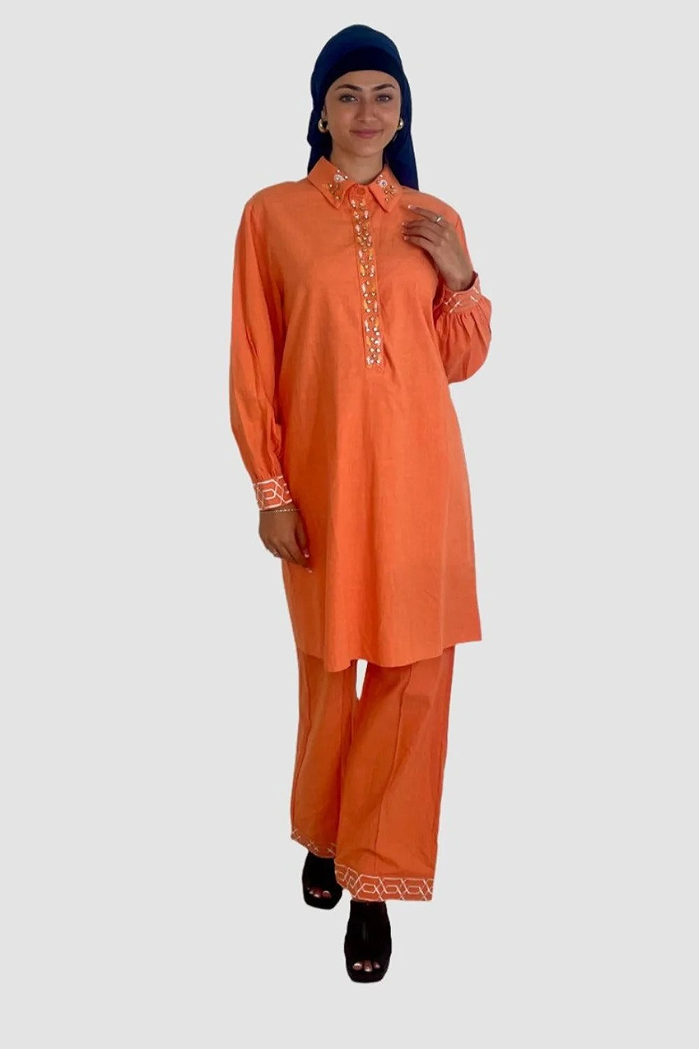 Embroidered Embellished Detail Kurta And Wide Leg Trousers Traditional Coord Set-SinglePrice