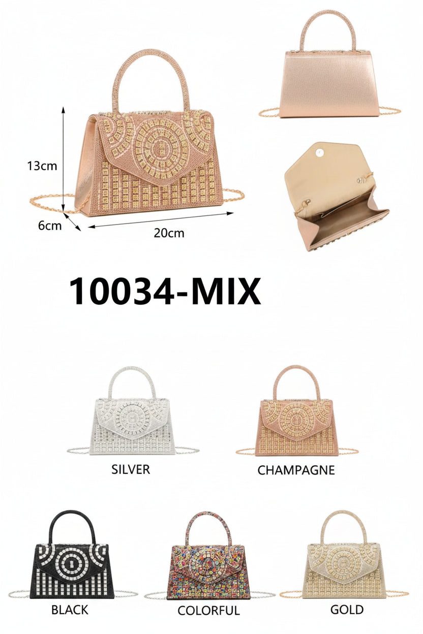 Crystal Embellished Diamante Party Bag with Top Handle and Detachable Chain Strap