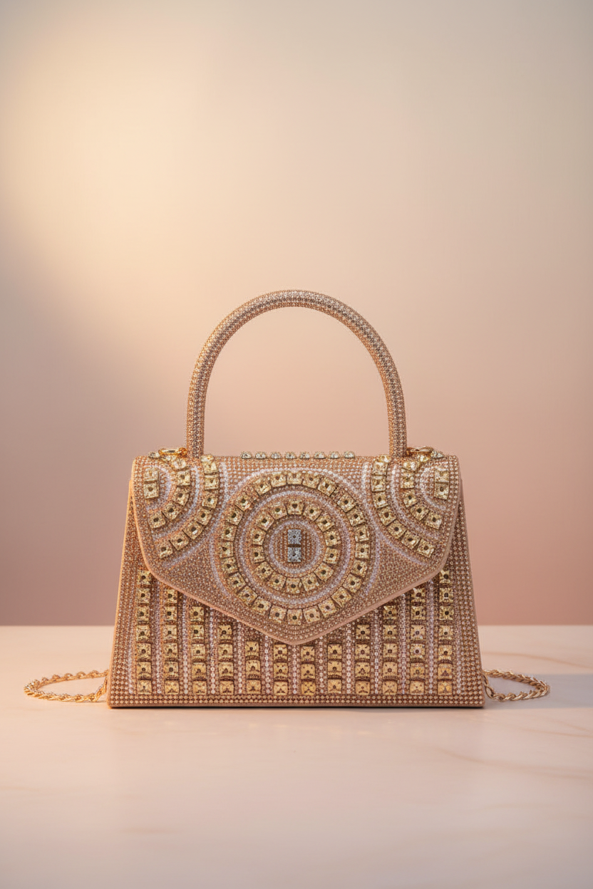 Crystal Embellished Diamante Party Bag with Top Handle and Detachable Chain Strap