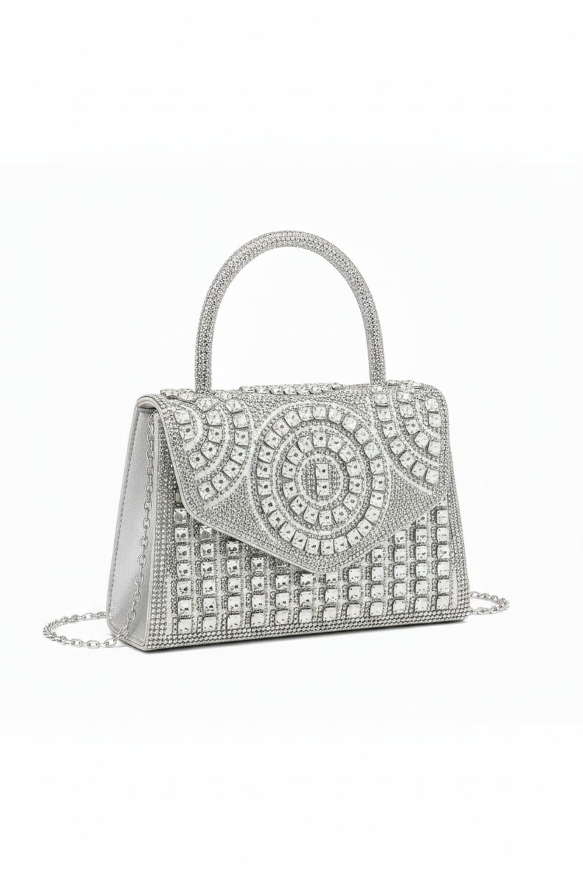 Crystal Embellished Diamante Party Bag with Top Handle and Detachable Chain Strap