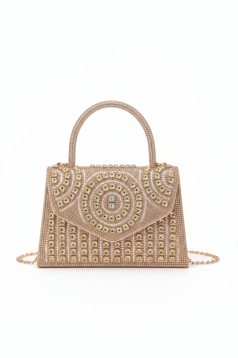 Crystal Embellished Diamante Party Bag with Top Handle and Detachable Chain Strap