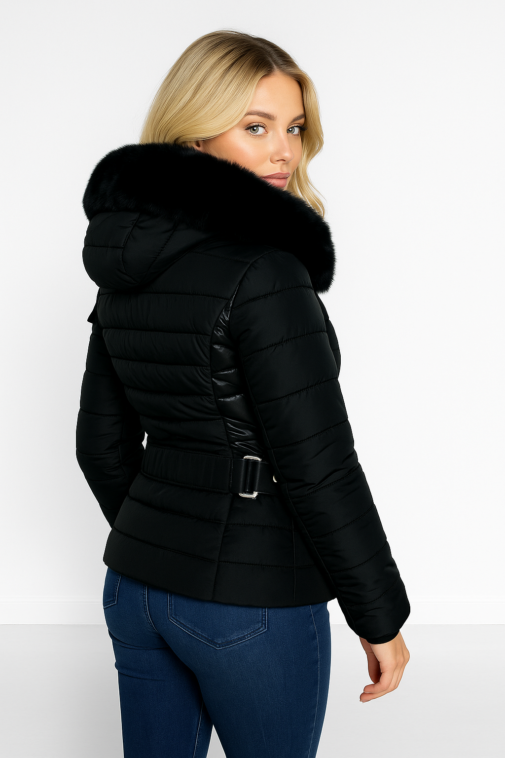 Faux Fur Trimmed Hoodie Belted And Quilted Winter Jacket