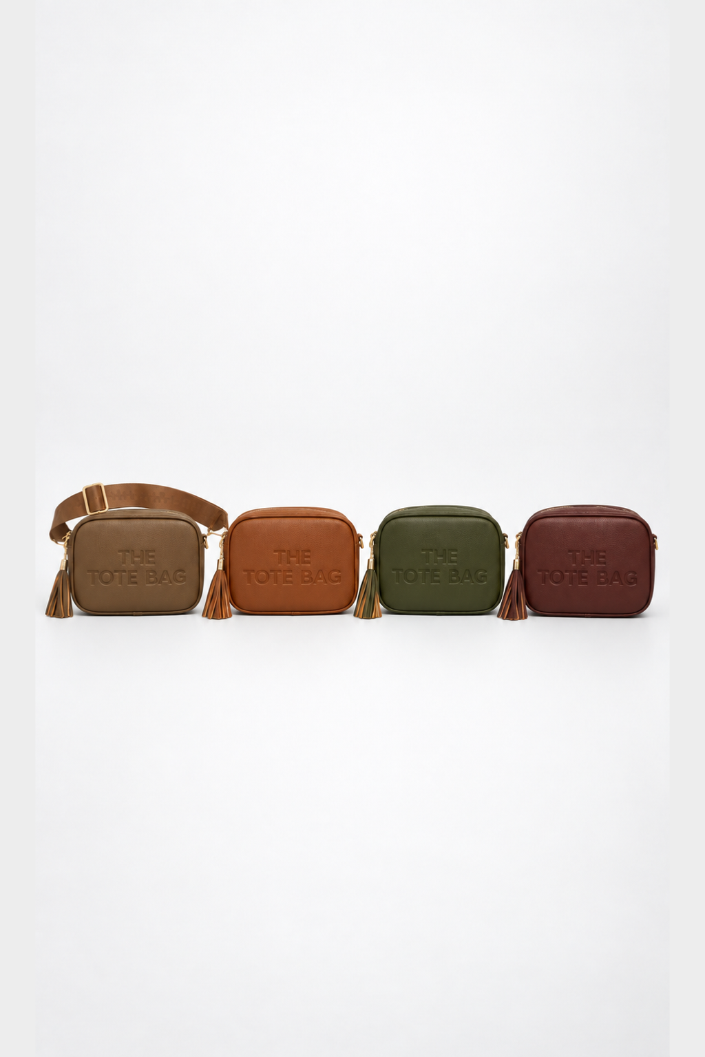 Embossed Slogan Tassel Camera Crossbody Bag