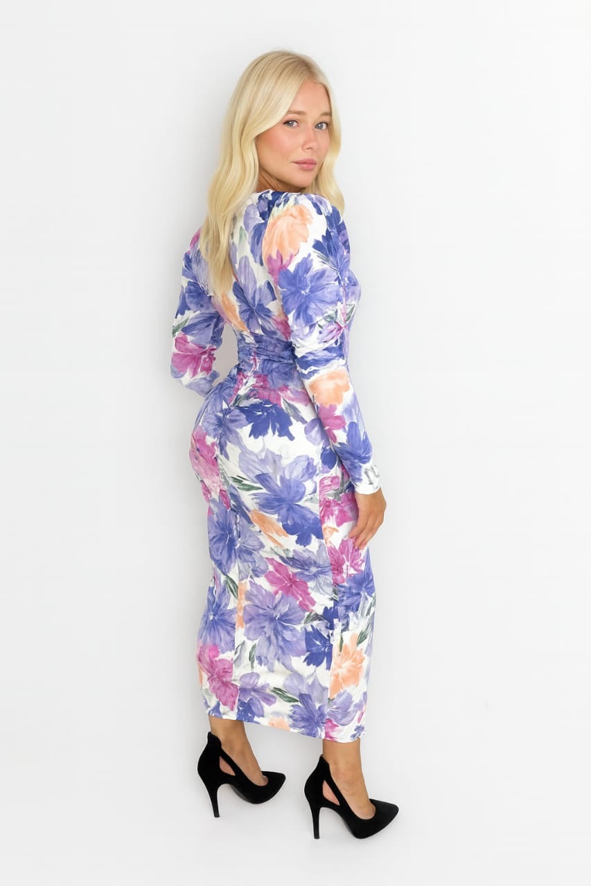 Ruched Puff Long Sleeve Low Cut Floral Print Slinky Bodycon Dress