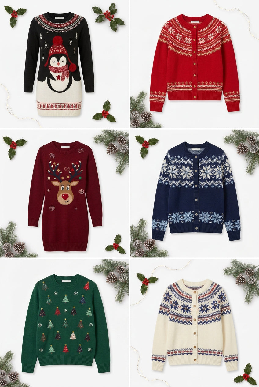 Six Christmas-themed knit sweaters and cardigans arranged in a 3x2 grid on a white background with decorative holly and pine branches. The designs include a black and cream penguin sweater, a red snowflake cardigan, a burgundy reindeer sweater, a navy blue snowflake cardigan, a green tree-pattern crewneck, and an off-white cardigan with multicolor snowflake borders.