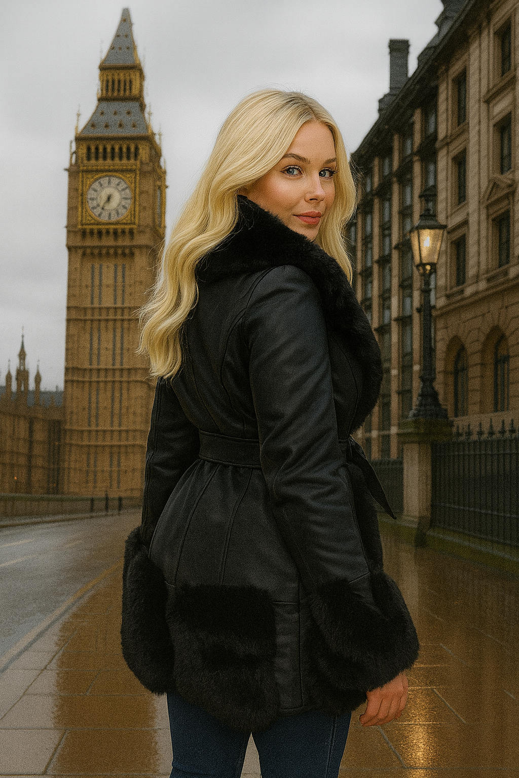 Faux Fur And Vegan Leather Waist Tie Deep Plunge Jacket