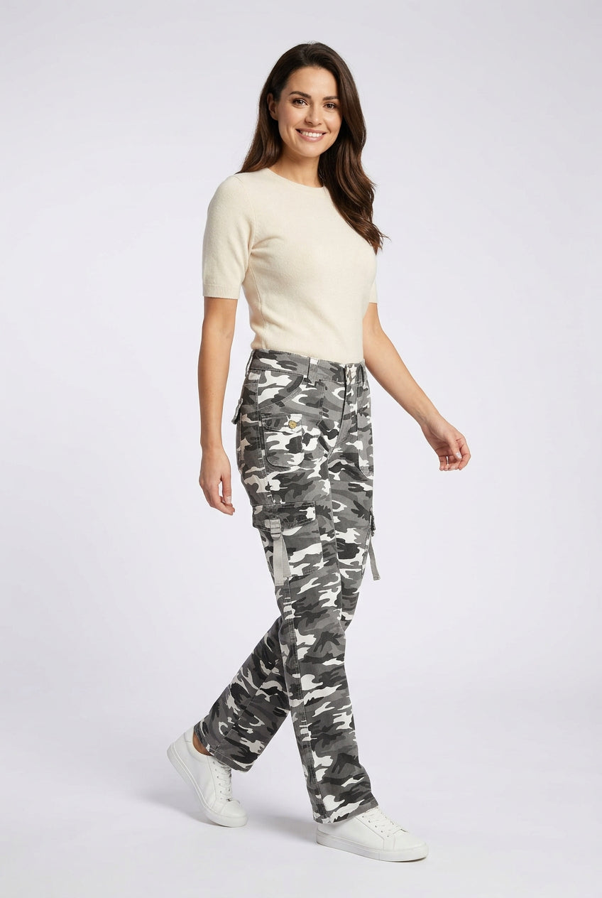 Camouflage Print Denim Cargo Trousers
