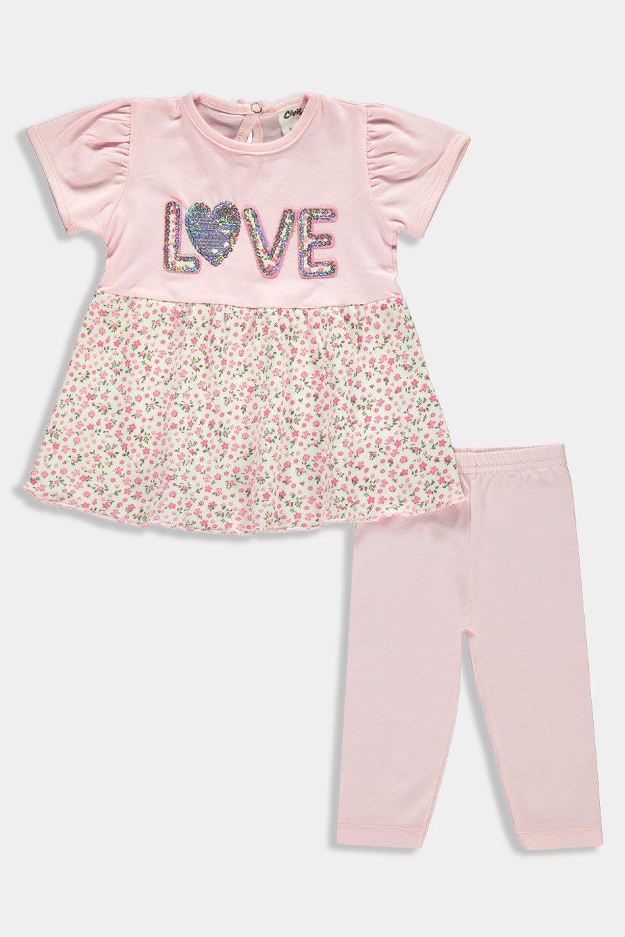 Pink Sequinned Love Slogan Baby Girl Set-SinglePrice