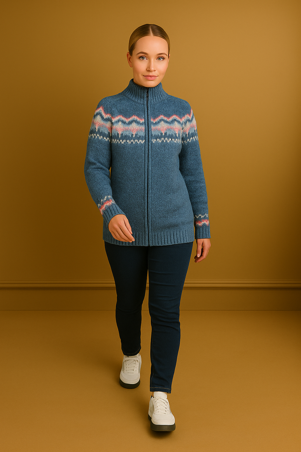 Tiara Fair İsle Print Thick Knitted Full Zip Cardigan