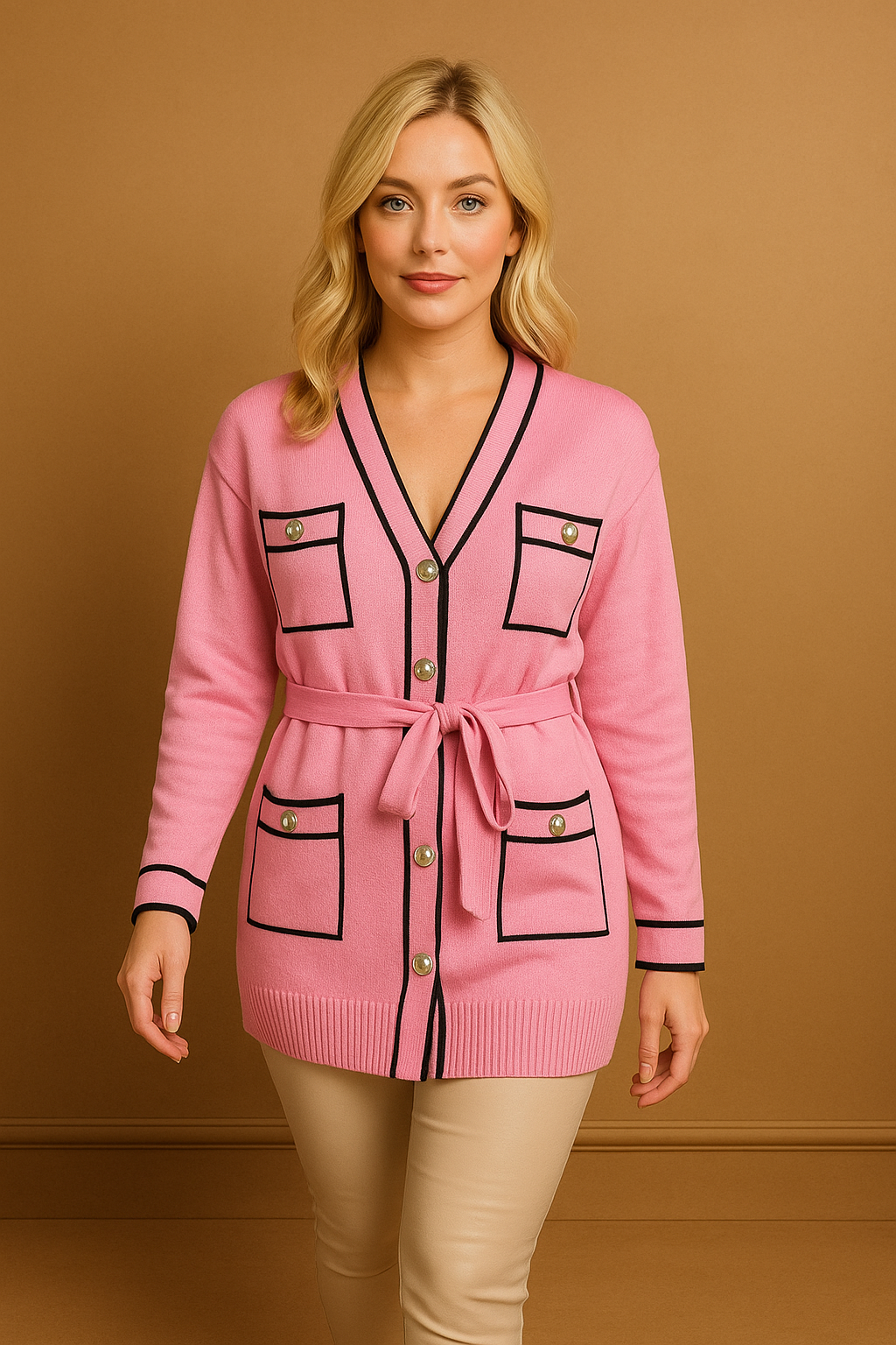 Contrast Details Belted Cardigan