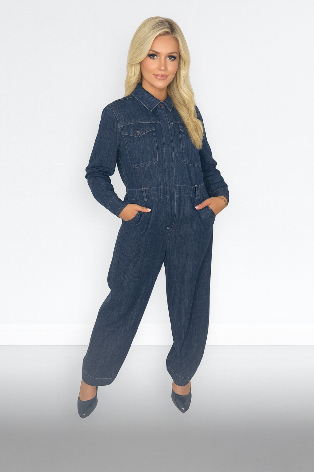Long Sleeve Straight Leg Lightweight Denim Jumpsuit