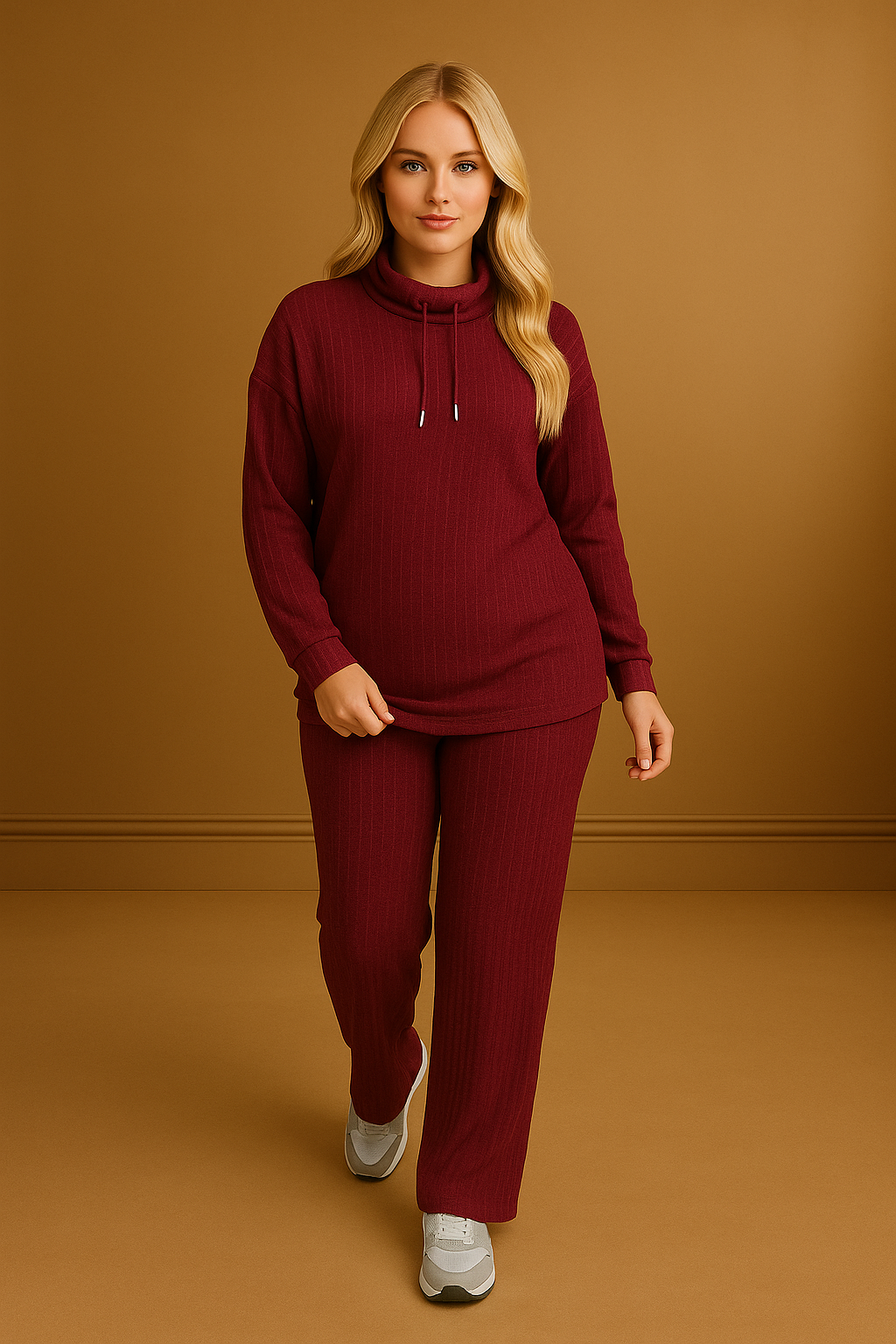 High Drawstring Neck Viscose Blend Knitted Loungewear Set