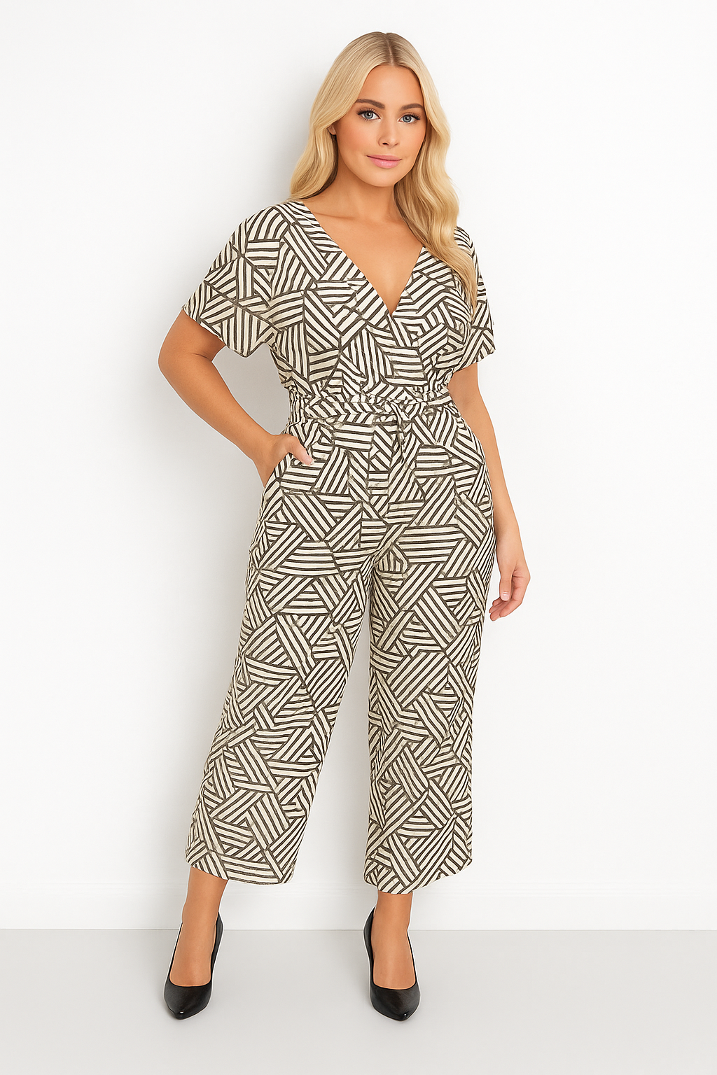 Low-Cut Short Sleeve Tie Waist Straight Leg Viscose Blend All Over Print Jumpsuit