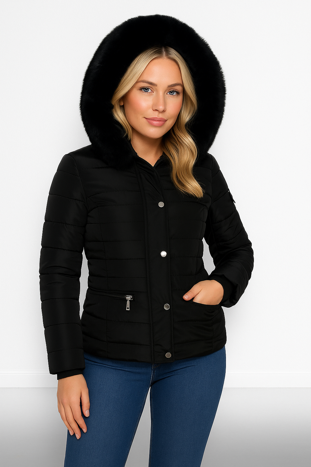 Faux Fur Trimmed Hoodie Belted And Quilted Winter Jacket