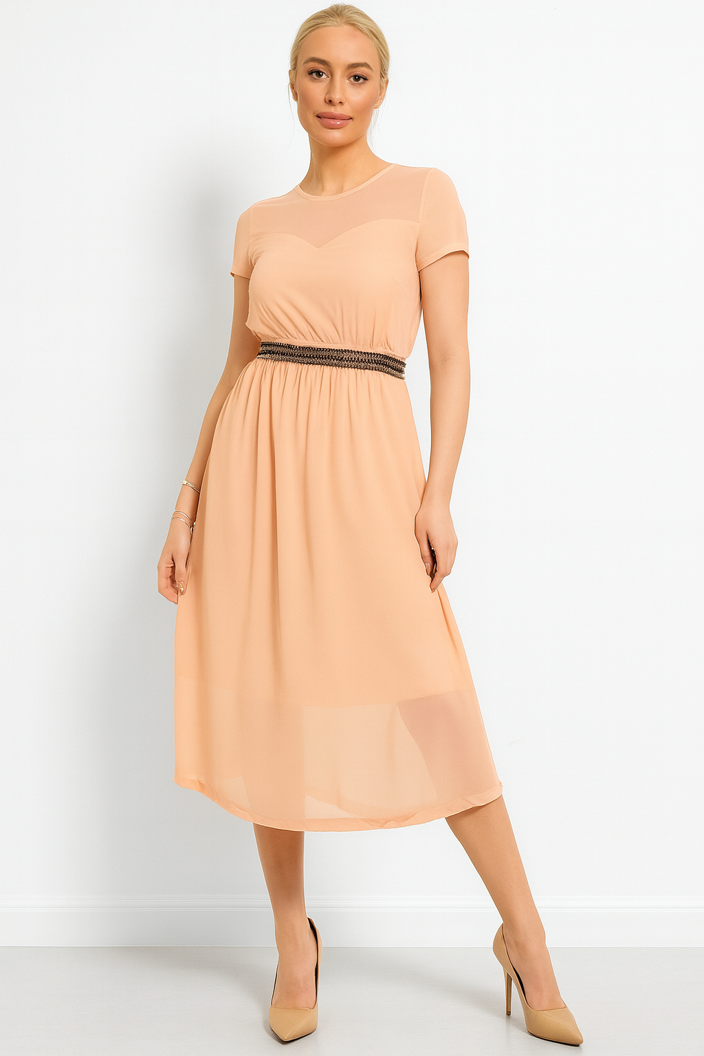 Beaded Waist Chiffon Sweetheart Dress