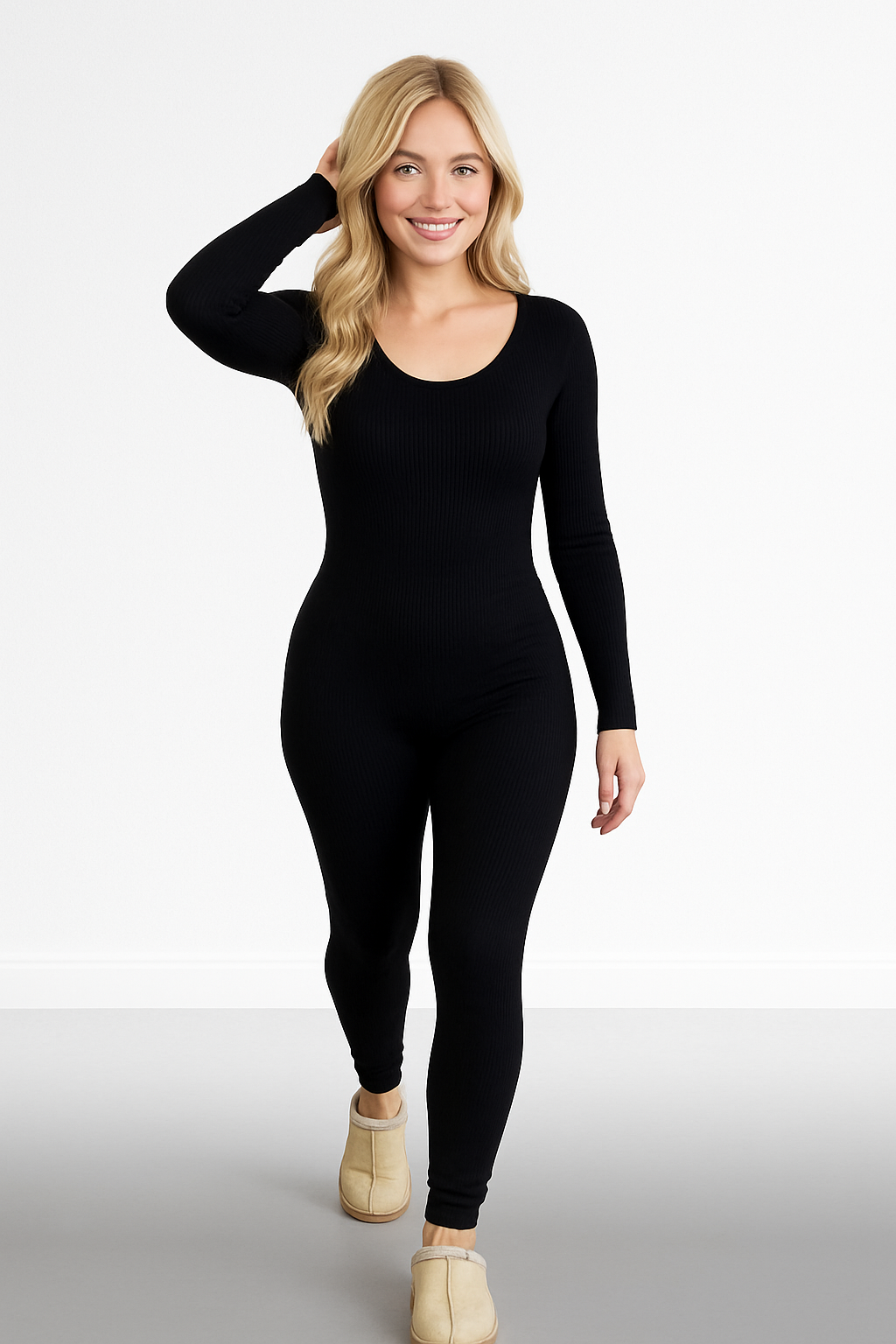 Mini Rib Stretch Fabric Scoop Neck Onesie Jumpsuit