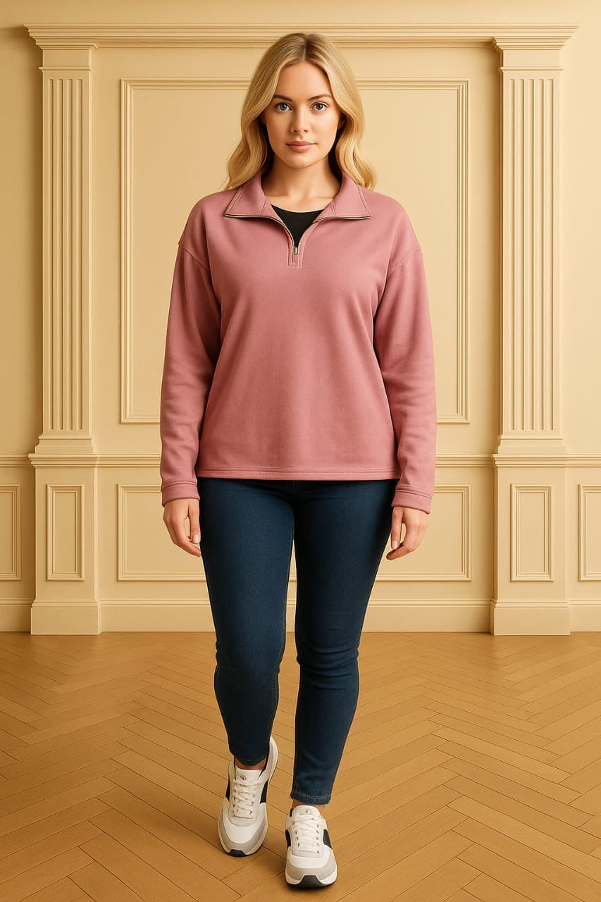 Fleeced Cotton Blend Mock Neck Zip Sweatshirt