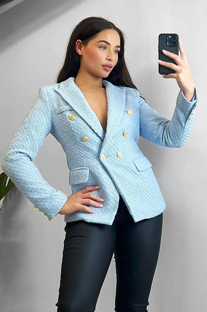 Gold Military Buttons Boucle Double Breasted Blazer-SinglePrice