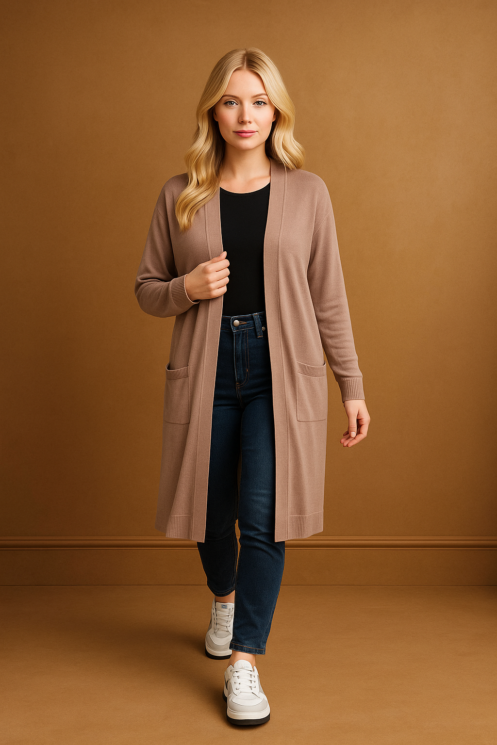 Flat Knit Front Pocket Open Longline Cardigan