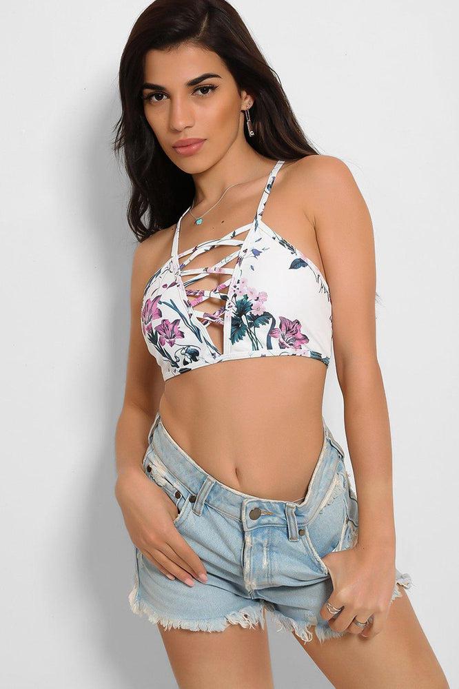 White Lattice Front Floral Print Bikini Top-SinglePrice