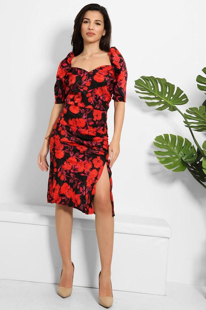 Red Black Floral Print Milkmaid Dress-SinglePrice