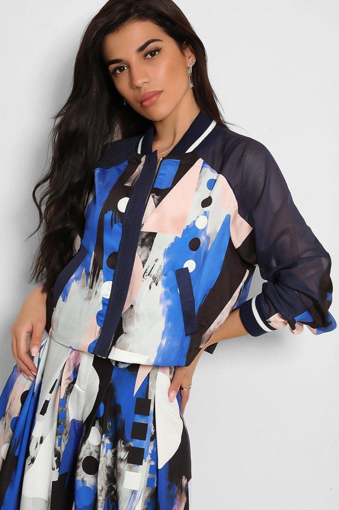 Blue Tones Abstract Print Cropped Jacket-SinglePrice