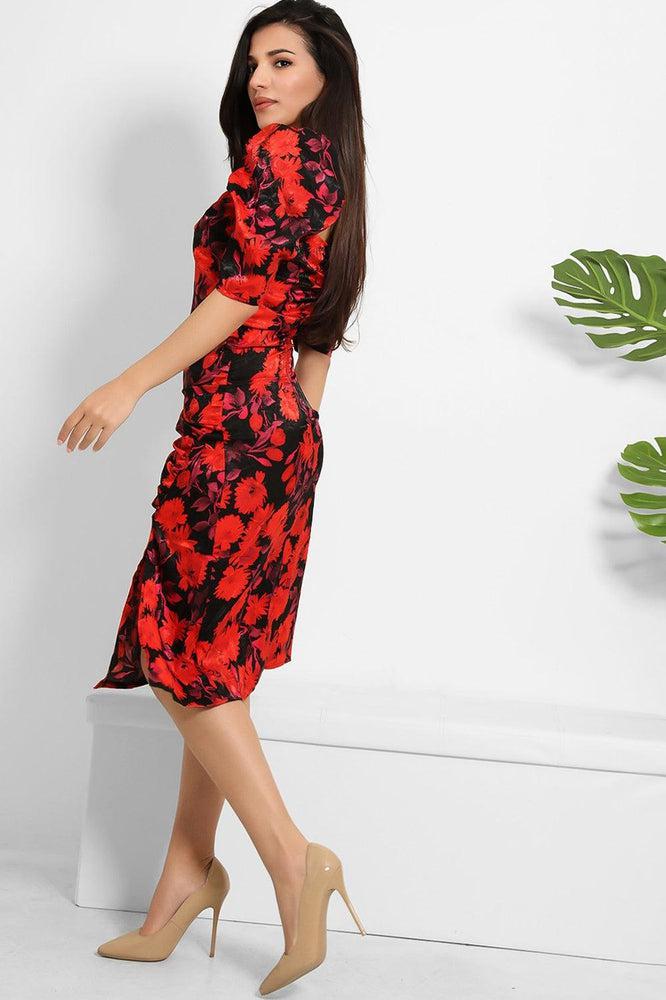 Red Black Floral Print Milkmaid Dress-SinglePrice