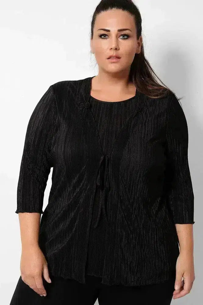 Black Pleated Front Tie Cardigan Overlay Blouse-SinglePrice