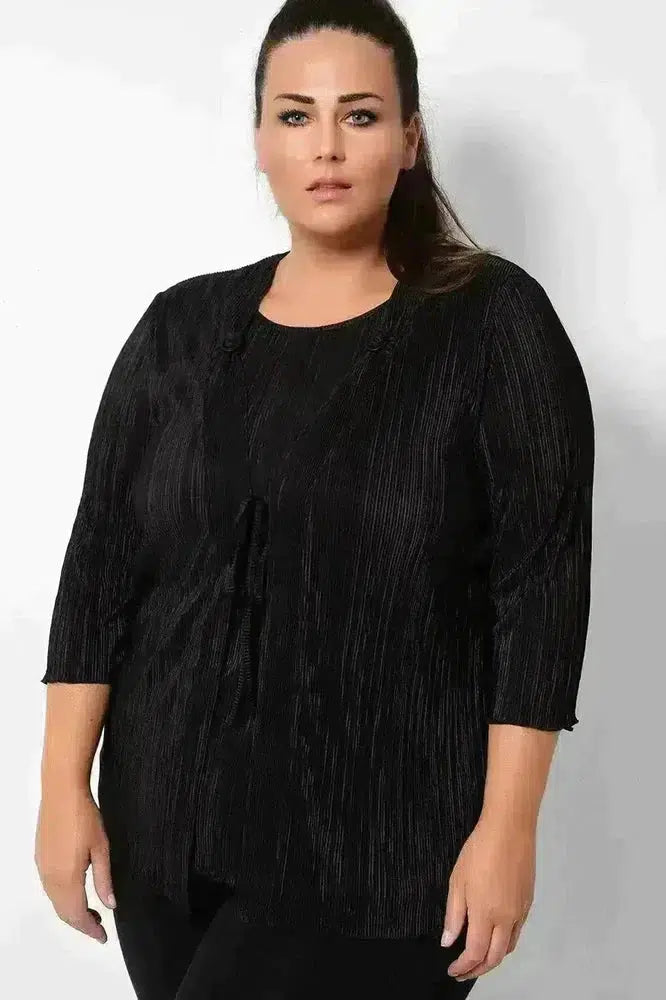 Black Pleated Front Tie Cardigan Overlay Blouse-SinglePrice