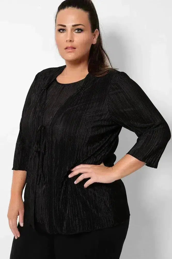 Black Pleated Front Tie Cardigan Overlay Blouse-SinglePrice