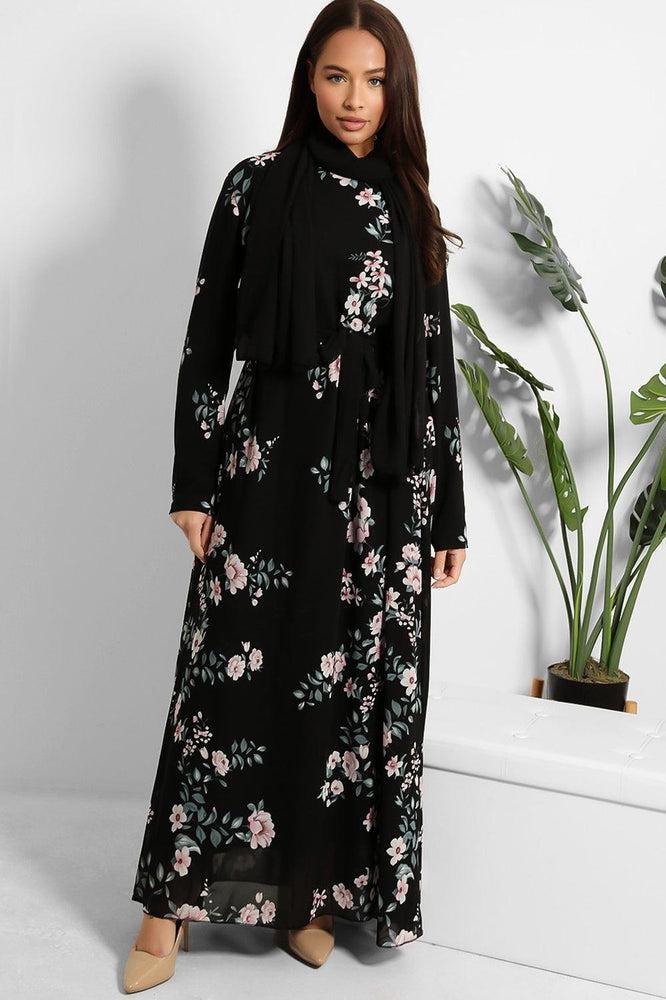 Floral Print Chiffon Modest Dress And Headscarf Set-SinglePrice