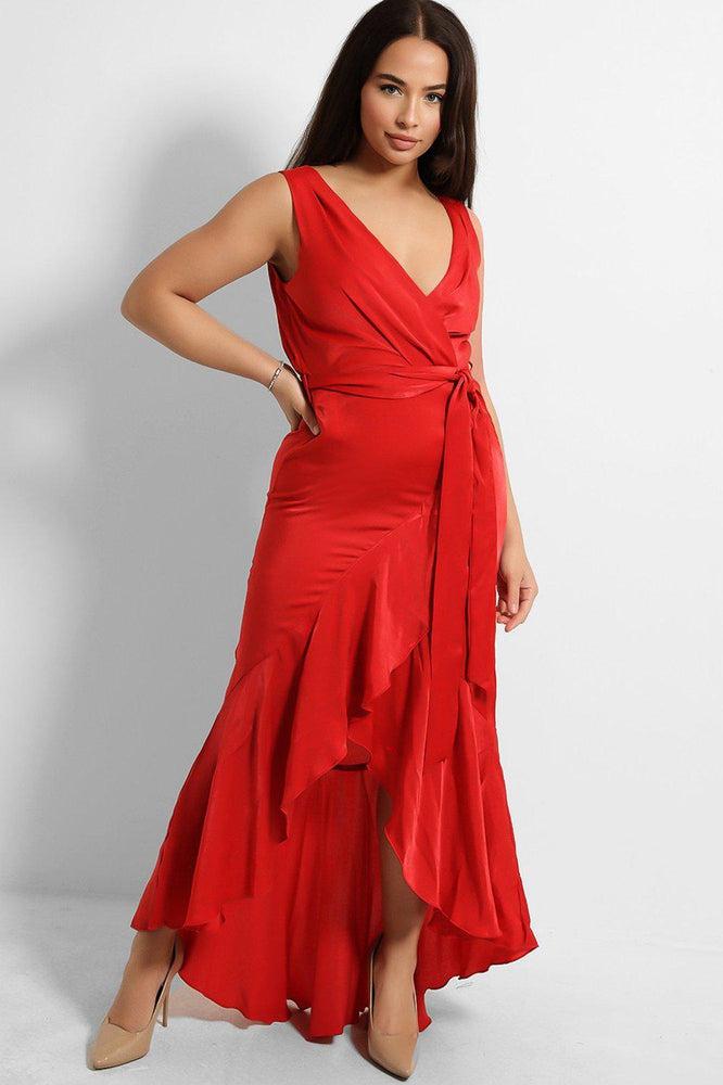 Red Frilled Wrap Maxi Dress-SinglePrice