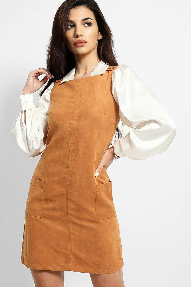 Camel Vegan Suede Button Details Sleeveless Pinafore Dress-SinglePrice