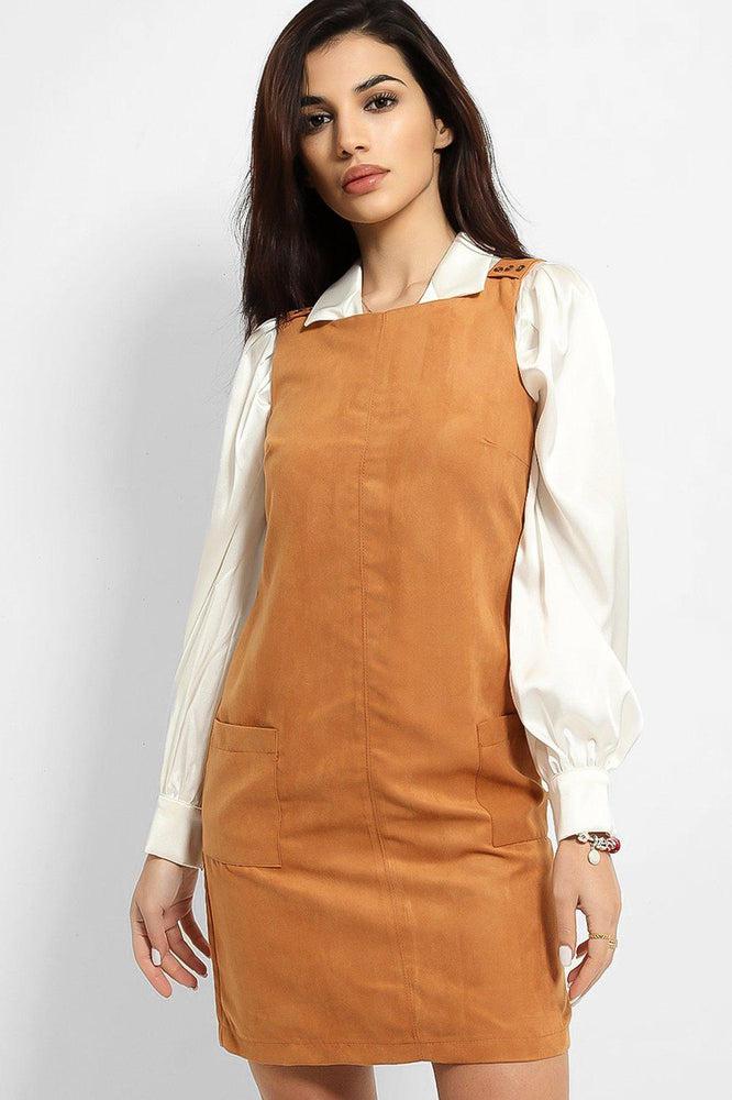 Camel Vegan Suede Button Details Sleeveless Pinafore Dress-SinglePrice