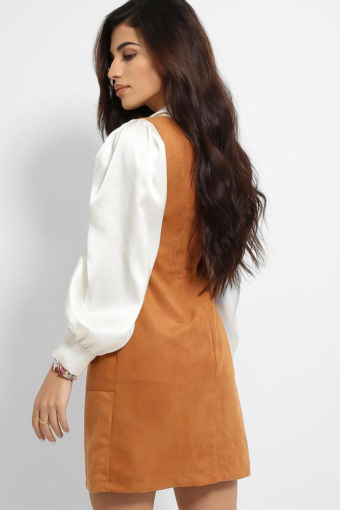 Camel Vegan Suede Button Details Sleeveless Pinafore Dress-SinglePrice