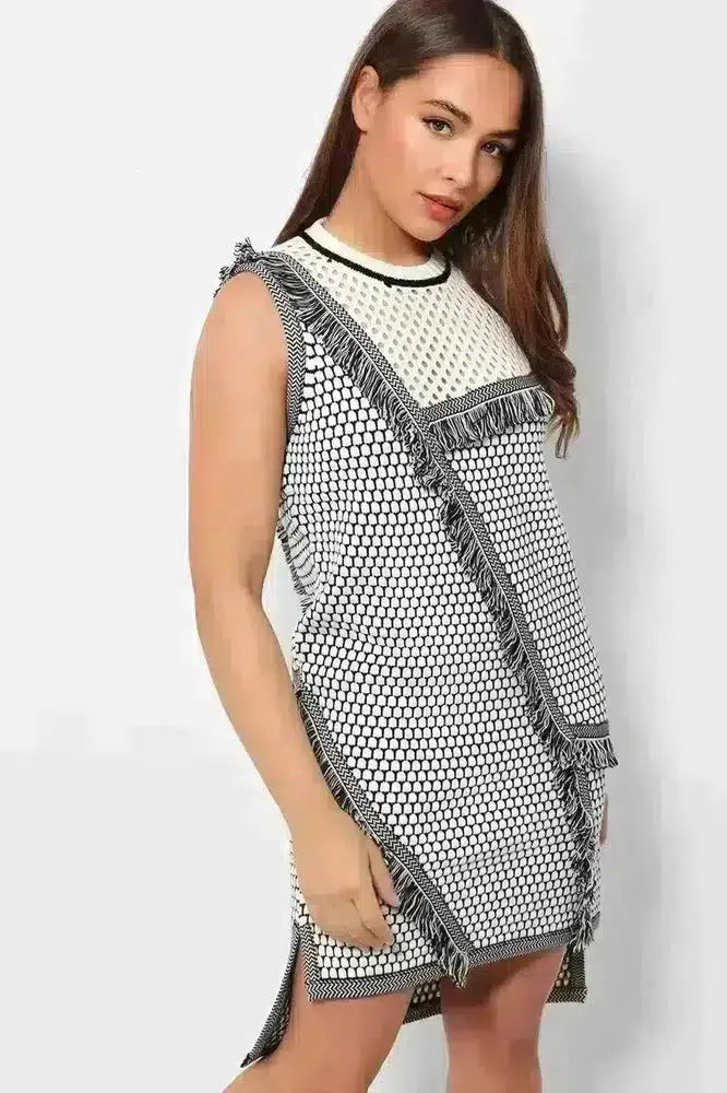 Perforated And Fringed Knit Monochrome Shift Dress-SinglePrice