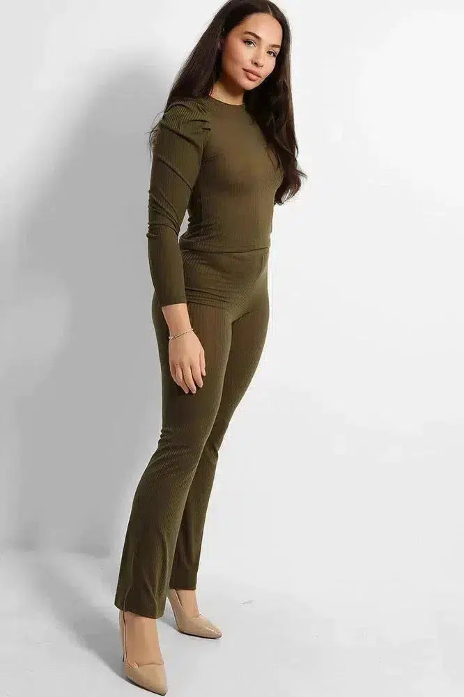 Ribbed Jersey Puff Sleeves Top And Trousers Set-SinglePrice